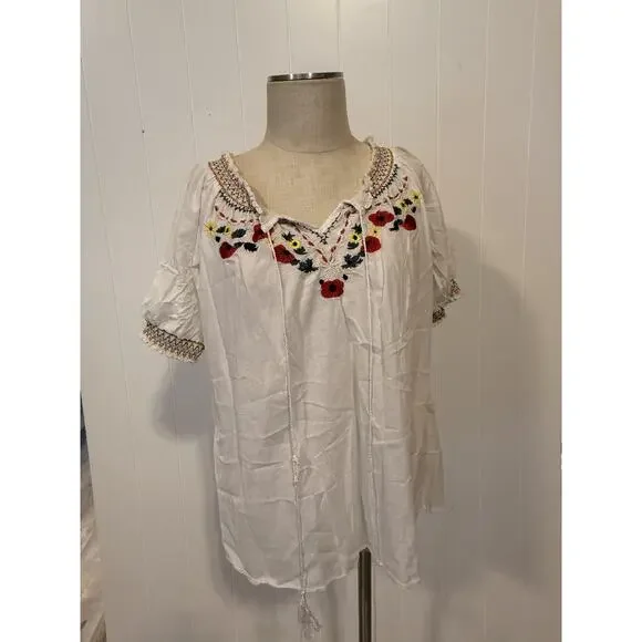 Voice Embroidered Tunic Womens XL White Boho Floral Peasant Top India Festival - Picture 3 of 12